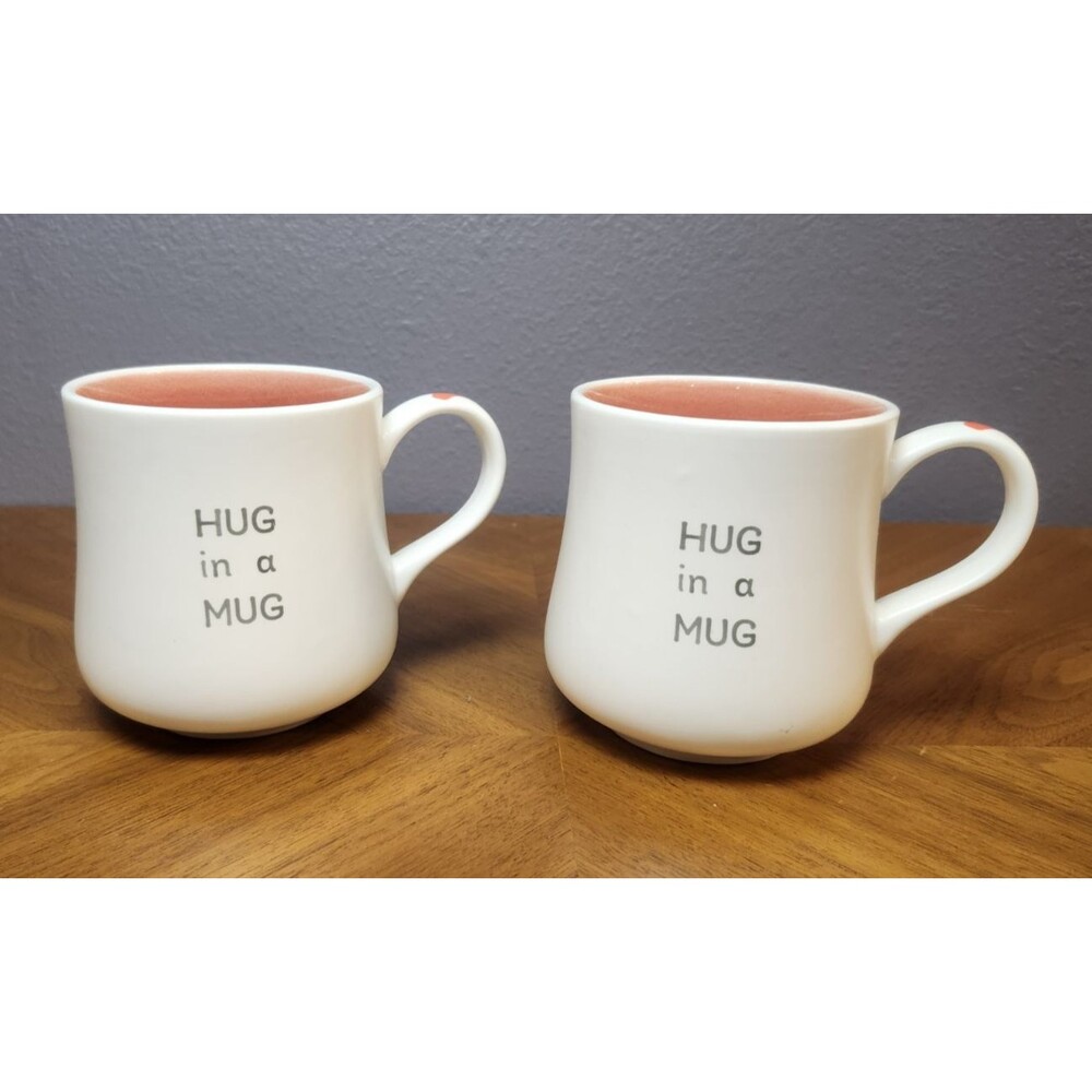 2- Williams Sonoma Ceramic White & Red Coffee Mug Hug In A Mug Red Heart‎ SET